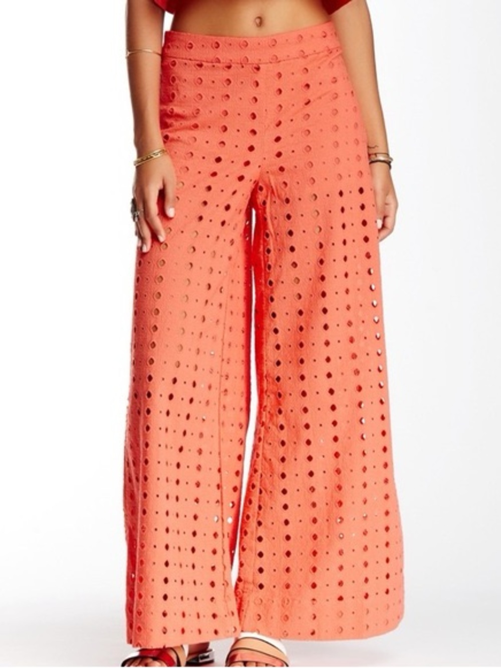 Free People Coral Eyelet Wide-Leg Pants